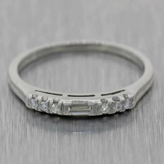 1920s Antique Art Deco Platinum Round Baguette Diamond 3mm Stackable Band Ring