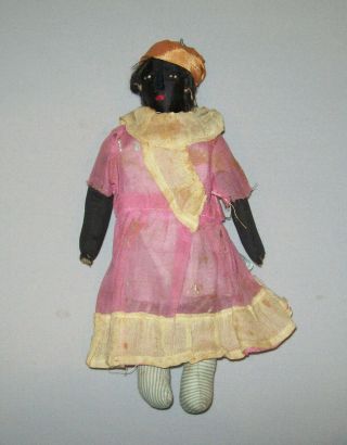 Old Vtg Ca 1920s Hand Made Folk Art Black Sateen Cloth Doll Applied Nose