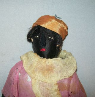 Old Vtg Ca 1920s Hand Made Folk Art Black Sateen Cloth Doll Applied Nose 2