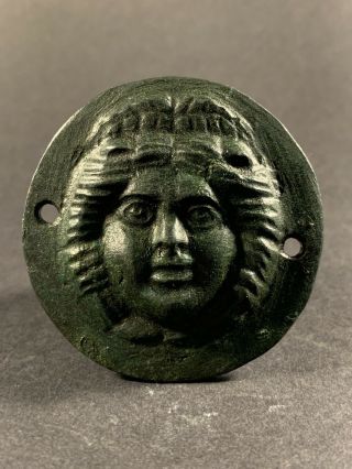 Ancient Roman Bronze Casket Mount Depicting The Face Of Diana Circa 50 - 100ad