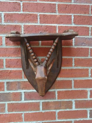 Antique Vintage Carved Wood Black Forest Chamois Ibex Mounted Wall Shelf