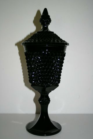 Vintage Black Glass Diamond Point Compote Urn With Lid Apothecary Jar