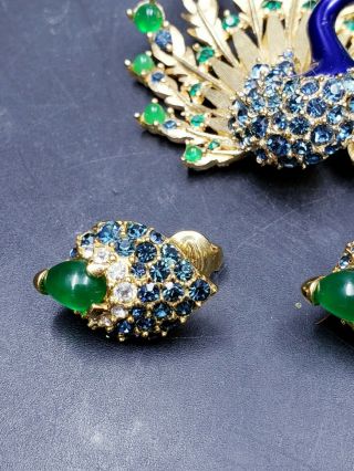 Boucher Vintage Signed Set Blue Green Enamel Peacock Brooch Pin & Earrings 3