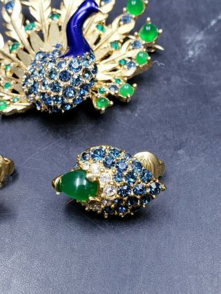 Boucher Vintage Signed Set Blue Green Enamel Peacock Brooch Pin & Earrings 4
