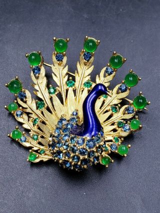 Boucher Vintage Signed Set Blue Green Enamel Peacock Brooch Pin & Earrings 5