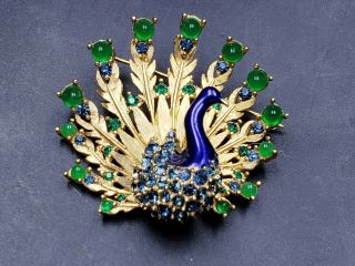 Boucher Vintage Signed Set Blue Green Enamel Peacock Brooch Pin & Earrings 6