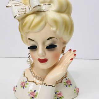 Vintage Lady Head Vase Pink Roses Pearl Necklace Gold Trim Big Bow With Hand 6 "