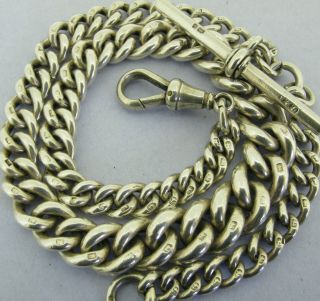 Antique Victorian Solid Sterling Silver Albert Pocket Watch Chain & T - Bar 1884