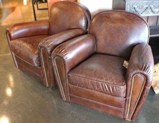 Set Of Two 34 " W Club Armchair Vintage Cigar Brown Leather Nail Head Wood Frame
