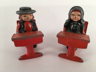 Vintage Toy Cast Iron Girl And Boy Sitting In Red School Desk