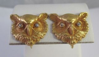 Early Vintage 10k/18k Yellow Gold Owl W/diamond Eyes Screw Back Earrings