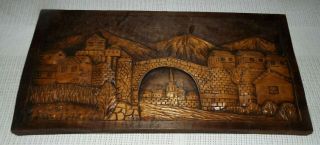 Vintage Relief Carved Wood Plaque Of Old World Village Scene 23 - 1/2 " X 11 - 1/2 "