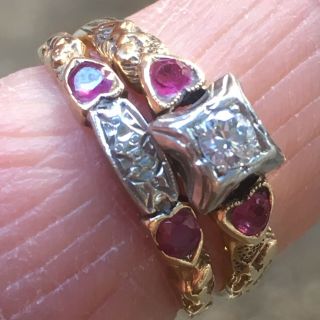 Antique Edwardian Era Diamond & Ruby Engagement Set In 14k Gold