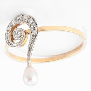 1920s Art Deco 14k Yellow Gold Platinum Diamond Pearl Musical Clef Ring 0.  10ctw 3