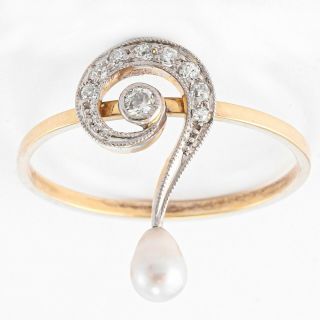 1920s Art Deco 14k Yellow Gold Platinum Diamond Pearl Musical Clef Ring 0.  10ctw 5