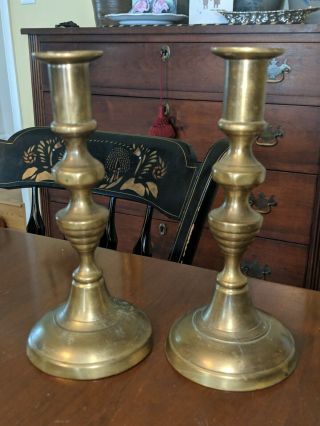 Pair Antique Brass Push - Up Candlesticks 19th Century Candleholders