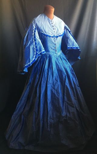 Vibrant 1850s Cobalt Blue Antique Pagoda Sleeves Dress