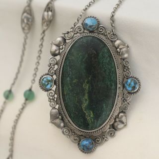 Vtg Antique Arts & Crafts 900 Silver Turquoise Chrysoprase Pendant Necklace
