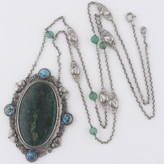 Vtg Antique Arts & Crafts 900 Silver Turquoise Chrysoprase Pendant Necklace 3