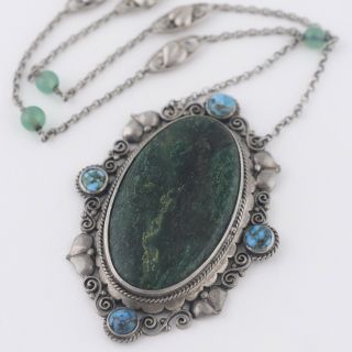 Vtg Antique Arts & Crafts 900 Silver Turquoise Chrysoprase Pendant Necklace 6