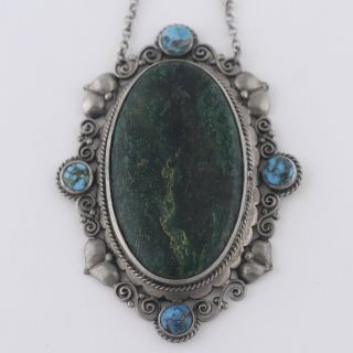 Vtg Antique Arts & Crafts 900 Silver Turquoise Chrysoprase Pendant Necklace 7