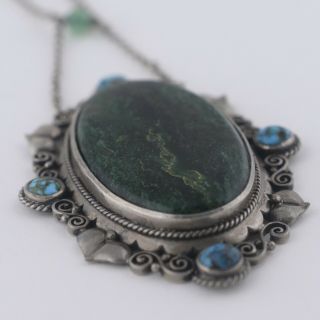 Vtg Antique Arts & Crafts 900 Silver Turquoise Chrysoprase Pendant Necklace 9