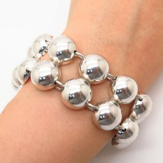 925 Sterling Silver Vintage Mexico Wide 2 - Row Bead Hollow Link Bracelet 7 "