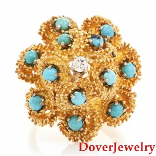 Vintage Diamond Turquoise 14k Yellow Gold Nugget Flower Ring 10.  2 Grams Nr