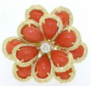Van Cleef & Arpels vintage 18K gold VS1/F diamond/Red coral flower cocktail ring 2