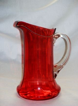 Antique Cranberry Glass Optic Pitcher With Clear Applied Handle