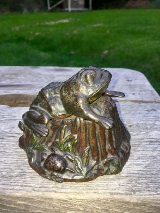 Antique 1875 J & E Stevens Cast Iron Mechanical Bank Frog On Stump