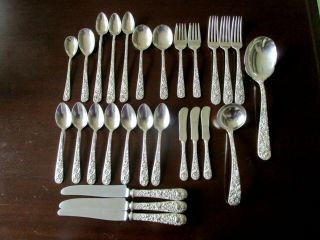 S.  Kirk & Son Sterling Silver Repousse Rose 27 Piece Flatware 915 Grams