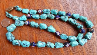 Vintage Chinese Tibetan Spiderweb Turquoise Nugget Sterling Silver Bead Necklace