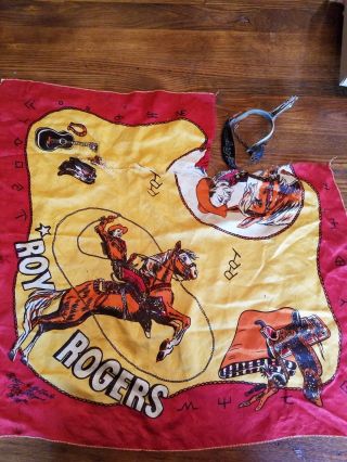 Vintage Roy Rogers Child Size Boot Spur And Signature Handkerchief/ Scarf