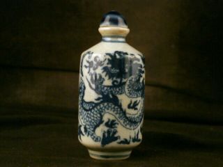 Unusual 19thc Chinese Blue & White Porcelain Dragon/phoenix Snuff Bottle N007