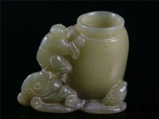 Fine Old Chinese Celadon Nephrite Jade Carved Brush Pot Style Statue Fairy Boys