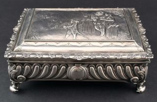 Antique Late 19thc English London Sterling Silver Dresser Box,  Repousse Scene