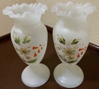 Vintage 2 White Satin Glass Ruffle Bristol Hand Painted Floral Vases 8 1/2 " Milk