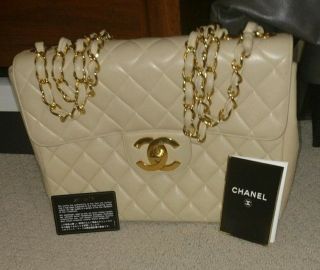 100 Authentic & Rare Chanel Classic Quilted Leather Jumbo Flap Bag - Beige