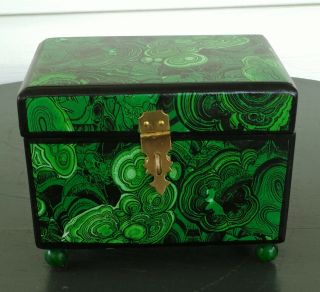 Wood Box Faux Malachite & Marbled Papers Antique French Empire Style Jewelry.