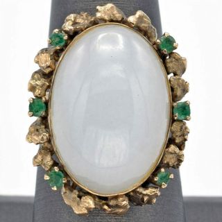 Vintage 14k Yellow Gold 19.  4 Ct.  White Jade And Emerald Ring 11.  7 G.