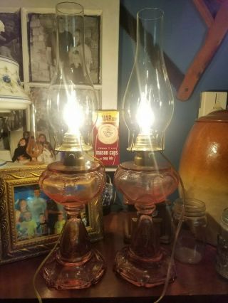 2 Vintage Pink Depression Glass Oil Lamps Converted To Electric 20 1/4 " Tall