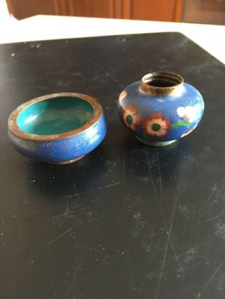 Antique Japanese 19th Century Cloisonne Miniature Blue Vase And Bowl