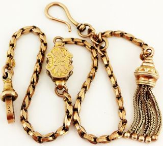 Victorian Antique 9ct Solid Gold Albertina Pocket Watch Chain W Tassel Fob