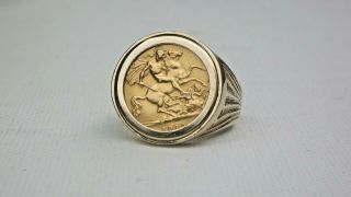 Antique 22ct Half Sovereign Set In 9ct Gold Mount Gents Heavy Ring 12g Size U1/2