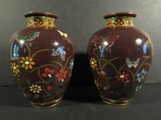 Japanese Taisho Or Showa Cloisonne Pr Vases 4.  8 " Butterfly Flower