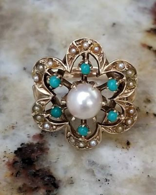 Gorgeous Vintage Turquoise,  Seed Pearl,  And Pearl Ring,  Size 5