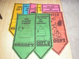 Nine Vintage Peanuts Snoopy Woodstock Felt Banners Pennants 1960s 1970s