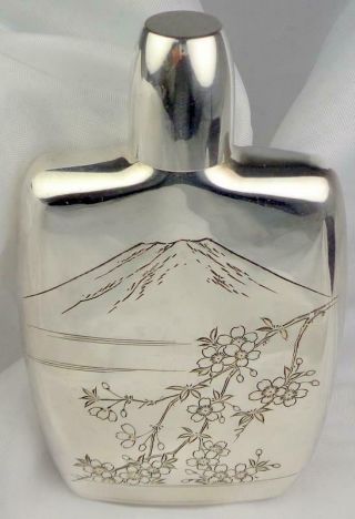 Antique Japanese Sterling Silver Hand Hammered Flask Mt.  Fuji.  950