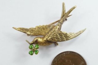 V Pretty Antique English 15k Gold Dove & Enamel Lucky Clover Brooch C1880